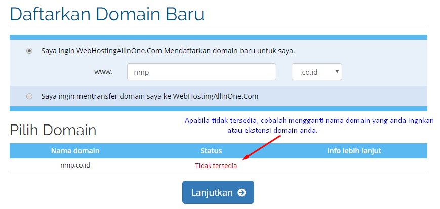 Apabila tidak tersedia ganti ekstensi nama domainnya
