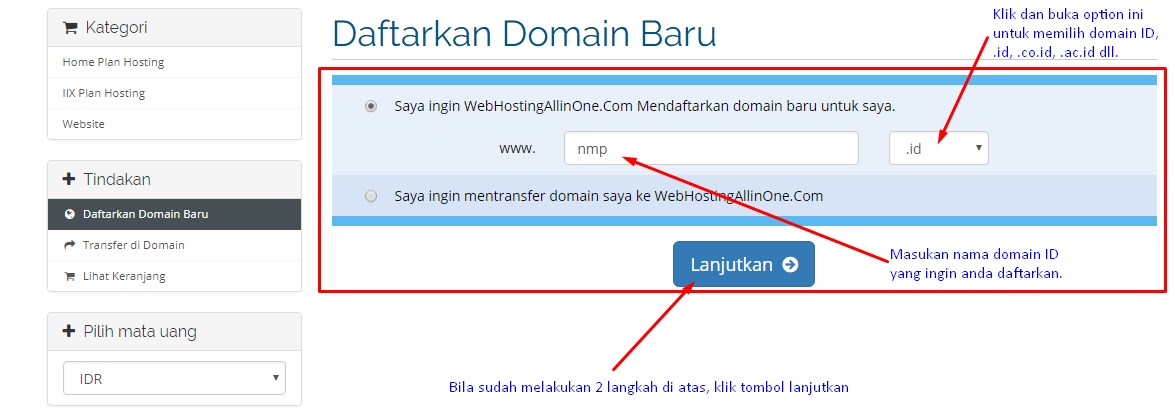 Mencari ketersediaan nama domain ID yang diingikan.
