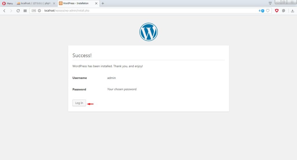 Halaman Install WordPress berhasil
